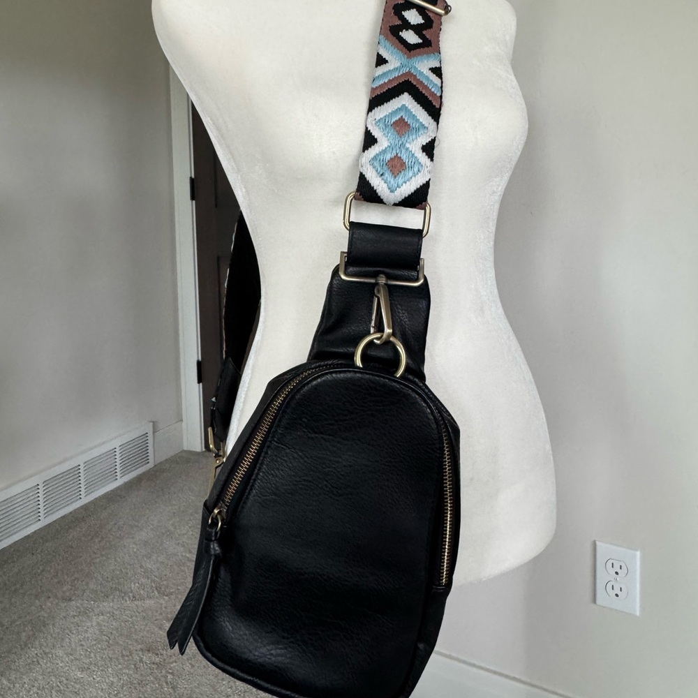Anthropologie Black Crossbody Bag with Patterned Strap